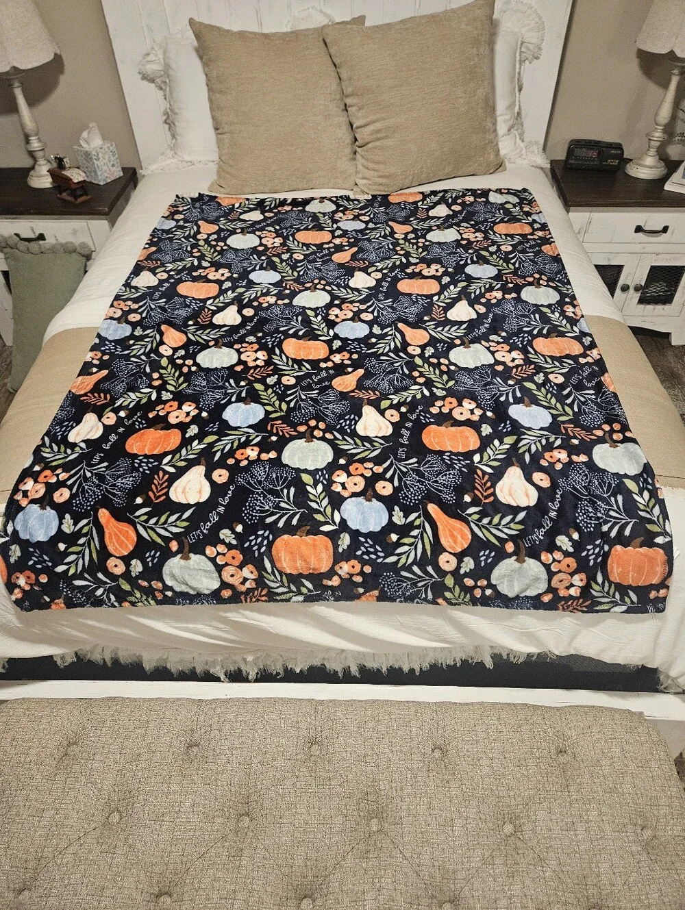 Seasonal Pumpkin Pattern Throw Blanket - Navy with Orange & Cream
